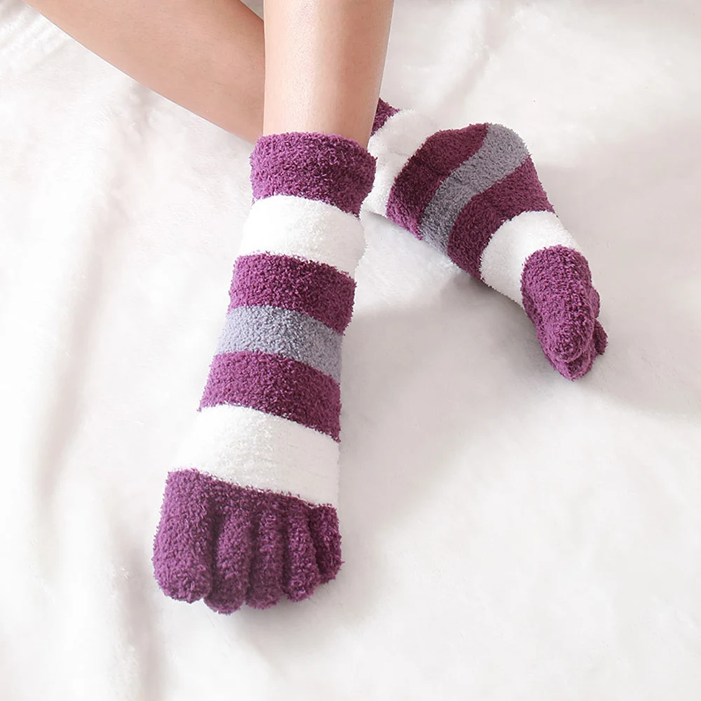 

Women's Thick Five Finger Socks Winter Warm Coral Fleece Fluffy Toe Socks Striped Soft Cozy Floor Slippers Yoga Sport Socks