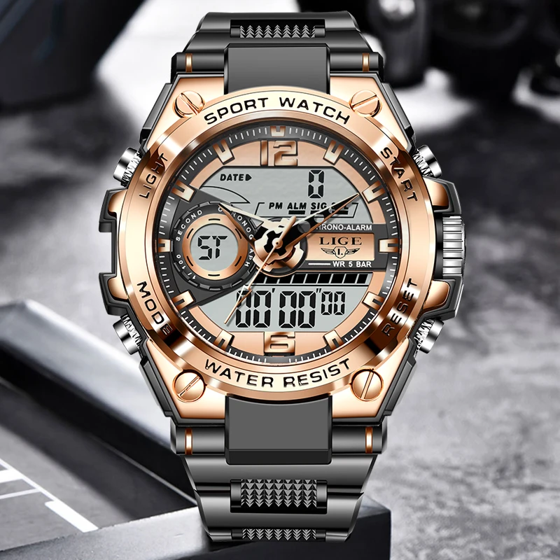 LIGE - Reloj militar resistente al agua para hombre, pulsera masculina, accesorio deportivo con doble pantalla para exteriores, de marca - Imagen 3