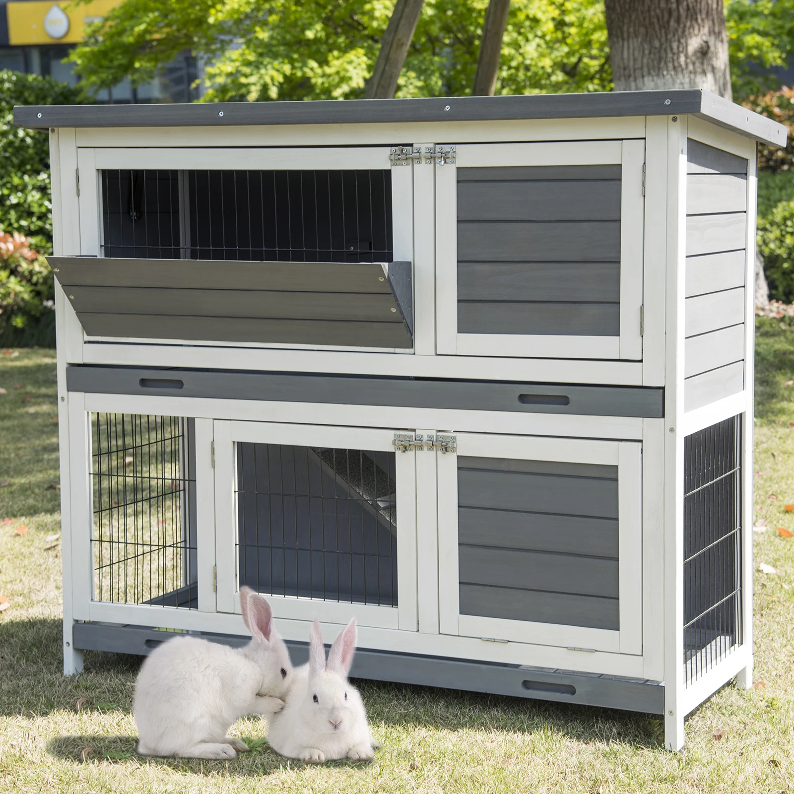 Colorful Rabbit Hutch Animal Cage House for Small Animals Guinea Pig Solid  Wood 2 Levels 4 Doors Outdoor Hutch Pet Cage Home