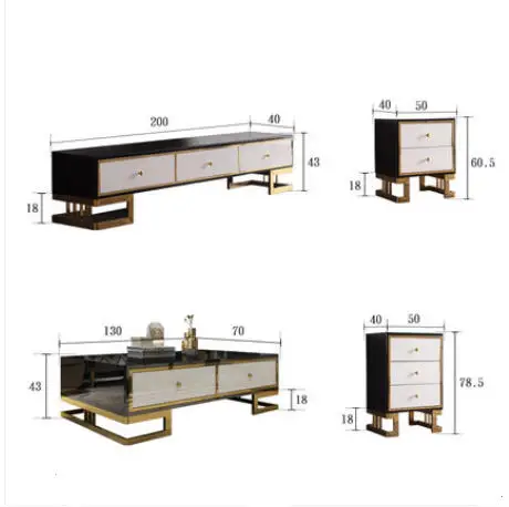 gold Stainless steel TV Stand modern Living Room marble coffee table + tv led monitor stand + 2 cabinet mueble tv cabinet mesa