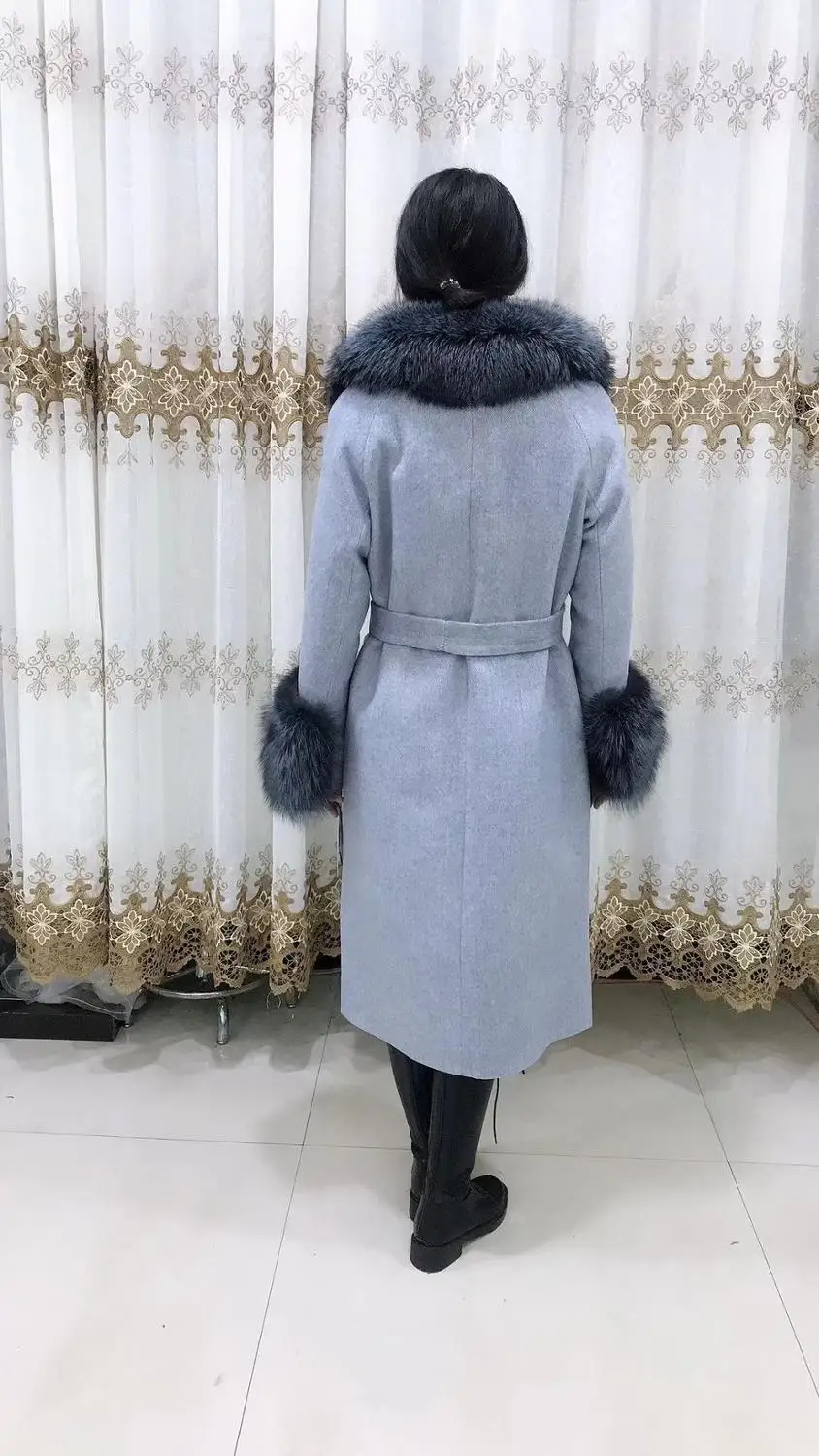 AMSIIKE женское кашемировое пальто Новое кашемировое пальто осень/зима утолщенный стиль шерстяной воротник и рукав волосы можно снять