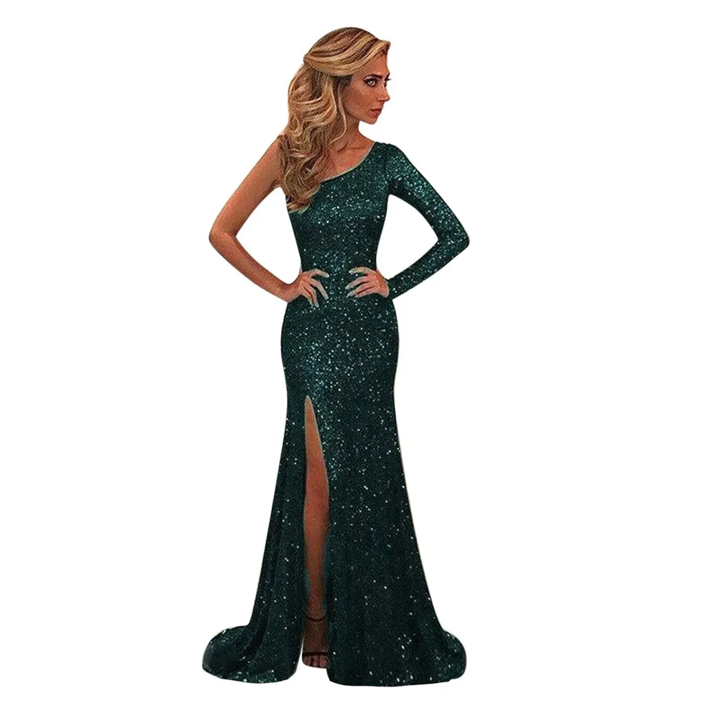 Women's Sequin Maxi Dresses Woman Party Night Sexy One Shoulder Split Party Dress Modis Long Sleeve Off Shoulder Dress #B Women's Sequin Maxi Dresses Woman Party Night Sexy One Shoulder Split Party Dress Modis Long Sleeve Off Shoulder Dress #B