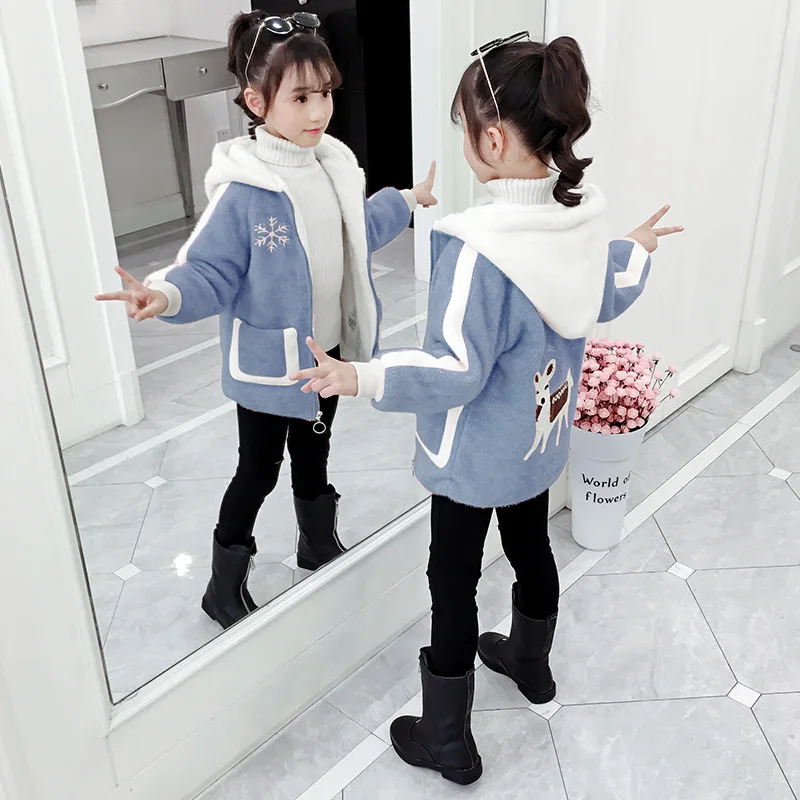 new children's clothing girls winter warm and velvet jacket new children's long section of water-like velvet cotton suit bi