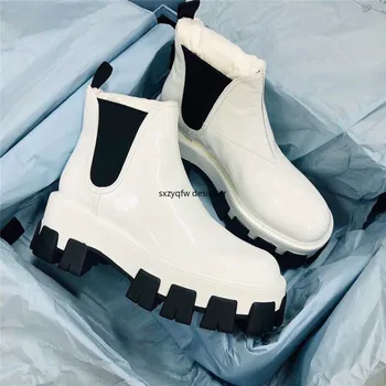 

Gear Bottom Elastic Fabric Patent Leather Shine Ankle Boots Women Chelsea Boots Mixed Color Platform Slip on Ladies Short Boots