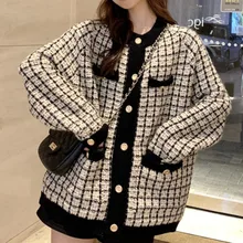 [EWQ] Autumn 2021 New Sweater Coat Retro Shirt Check Long Sleeve Single Breasted Plaid Loose Knit Cardigan Tide Ladies QB321