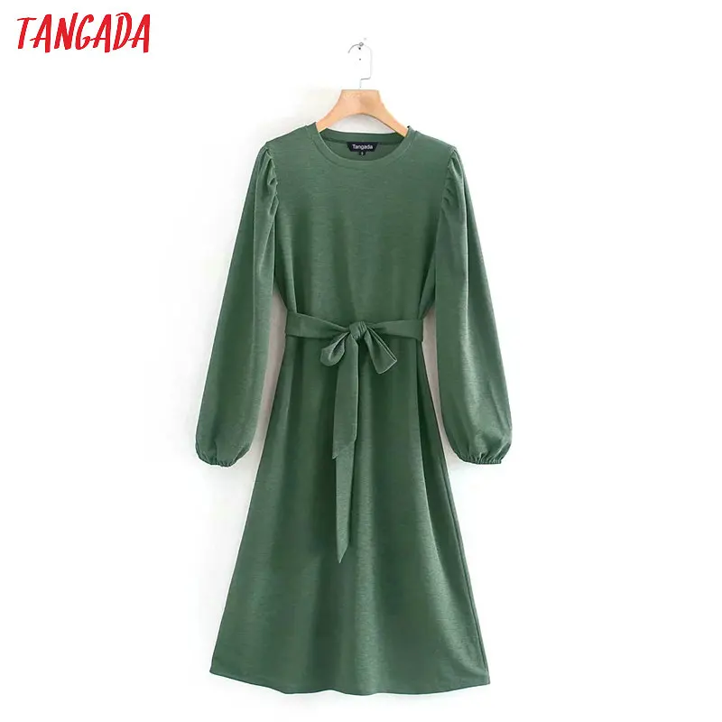

Tangada 2020 fashion women green midi dress elegant with slash o neck Long Sleeve Ladies causal dress Vestidos XN420