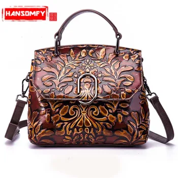 

Genuine Leather Women Handbags Messenger Bags Hand-embossed Color Shoulder Diagonal Portable Fashion Original Head Layer Leather