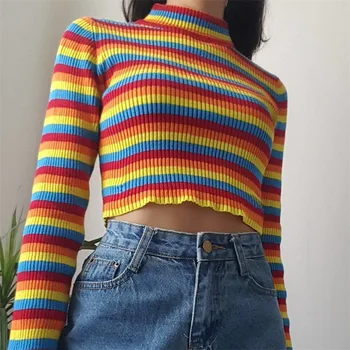 

Lady Knitted Pullovers Turtlenecks Short Rainbow Colorful Stripesknitwear Jumper New York Fashion Slim Sexy Spring Clothes