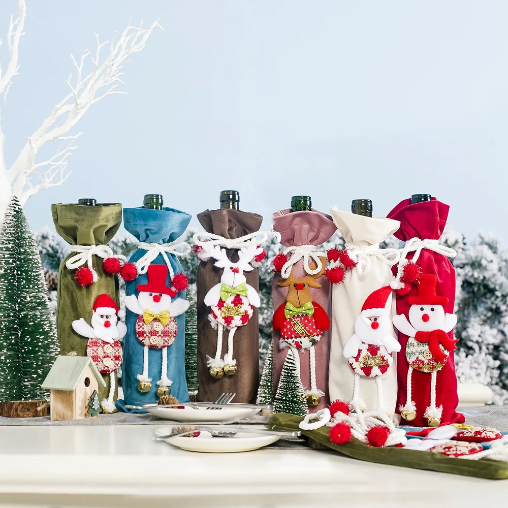 

New Year Christmas Wine Bottle Cover Bell Santa Clause Doll Snowman Deer Bottle Cover Kitchen Decoration for Xmas Dinner Party