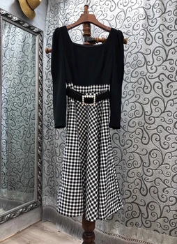 

2020 Early Autumn New Bertha Buckle Belt Waist Hugging Decorative Hem Plaid Long-Sleeved Dress 824