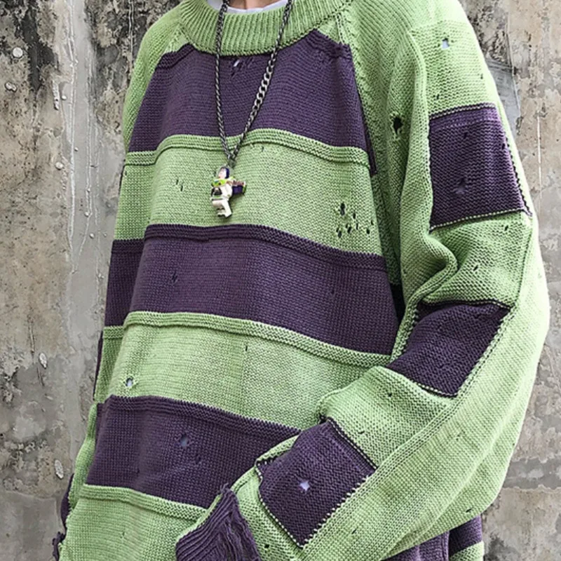 Winter Sweater Men Warm Fashion Contrast Color Casual Knit Sweaters Man Sweter Clothes Loose Striped Hole Pullover Men