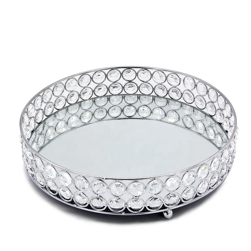 

Silver Round Mirror Decorative Cosmetics Storage Box Tray, Wedding Home Decoration Rack