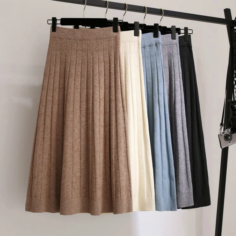 

Autumn Rib Knitted Long Skirts Winter Thick Wool Blend Casual Pleated Mid Calf Long Swing Skirts Blue Cashmere Knit Long Skirts