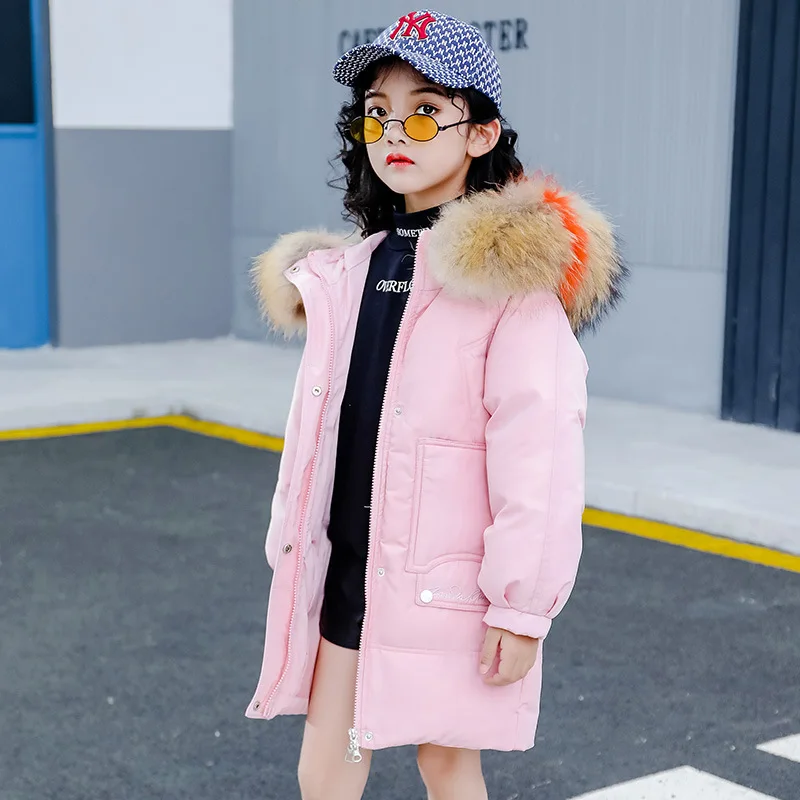 Pink Пуховик для девочки пуховик для мальчика Зимняя куртка для мальчиков, пальто с большим меховым капюшоном и буквенным принтом Длинный топ с большим карманом, теплый Детский пуховик русская зима - Цвет: Pink