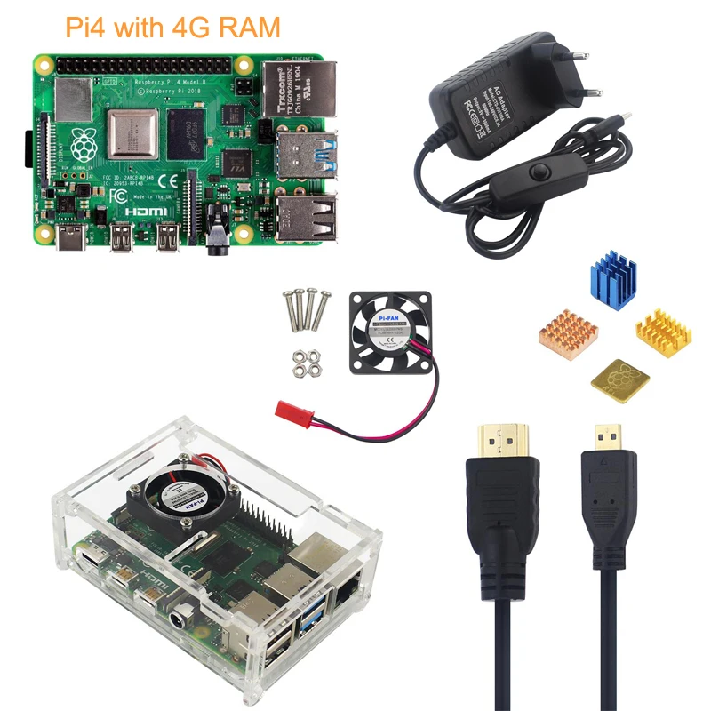 

Raspberry Pi 4 Model B 4G Kit+5V 3A Power Adapter+Acrylic Case+Cooling Fan+HMDI Cable+Heat Sink+ 16/32G SD Card Optional