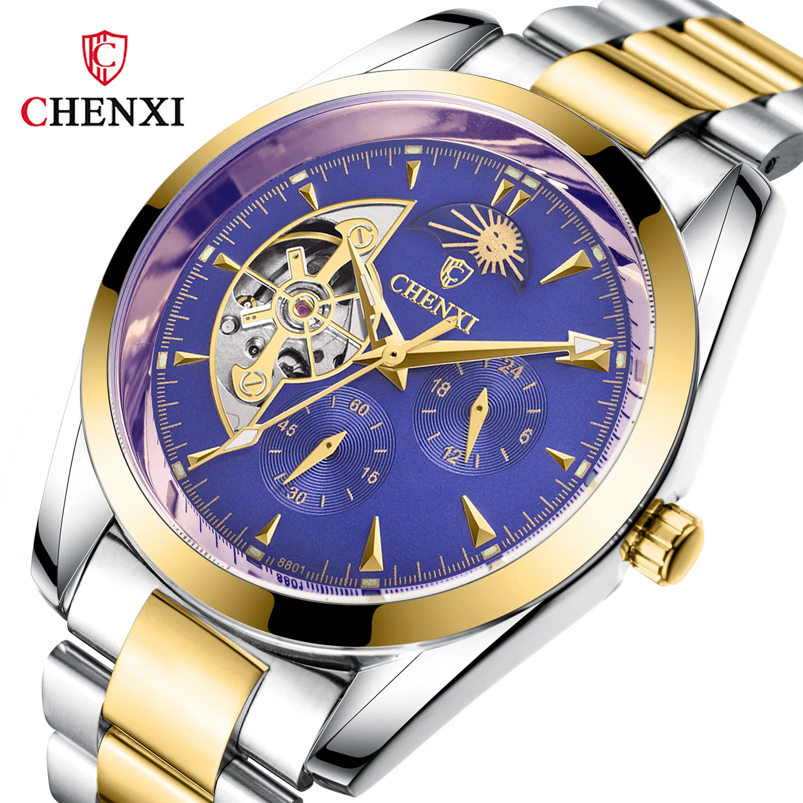Chenxi Top Brand Luxury Automatic Fashion Full Steel Orologio Meccanico Design Dorato Moon Phase Display Orologi Da Uomo