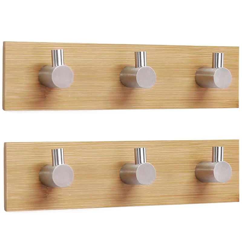 

Self Adhesive Towel Hook,3-Hooks Wall-Mounted Coat Holder Rack,Modern 304 Stainless Steel and Bamboo Door Hook for Coat,Belt,Key