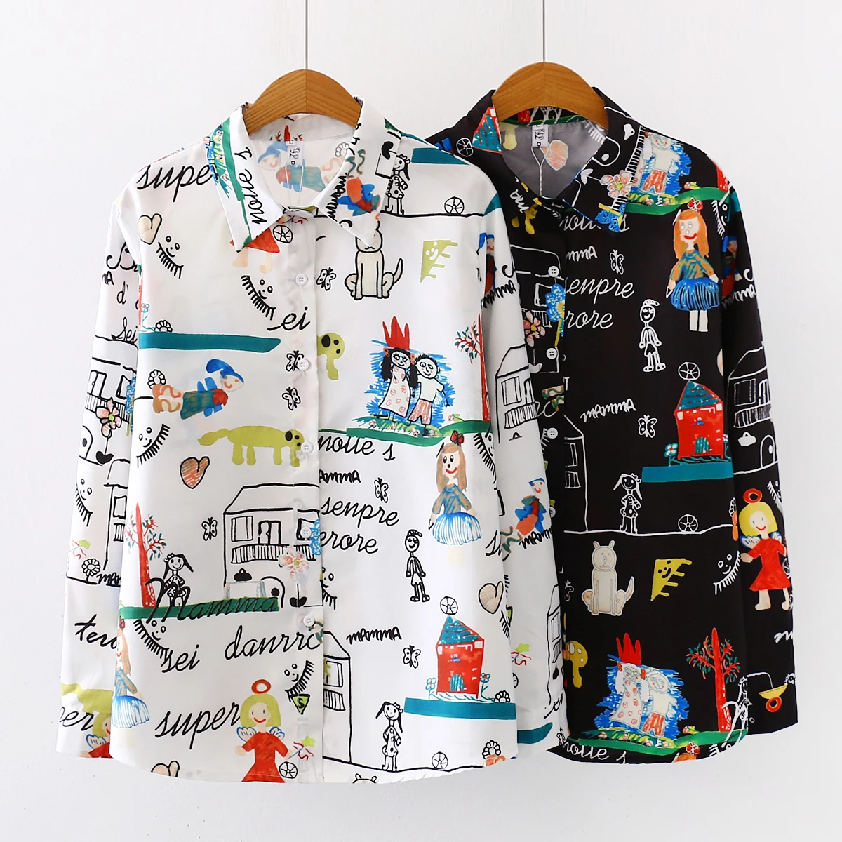 

2023 Printed Chiffon Blouse Women Cartoon Doodle New Spring Autumn Long Sleeve Shirt Blouses Vintage Loose Tops Feminina Blusa