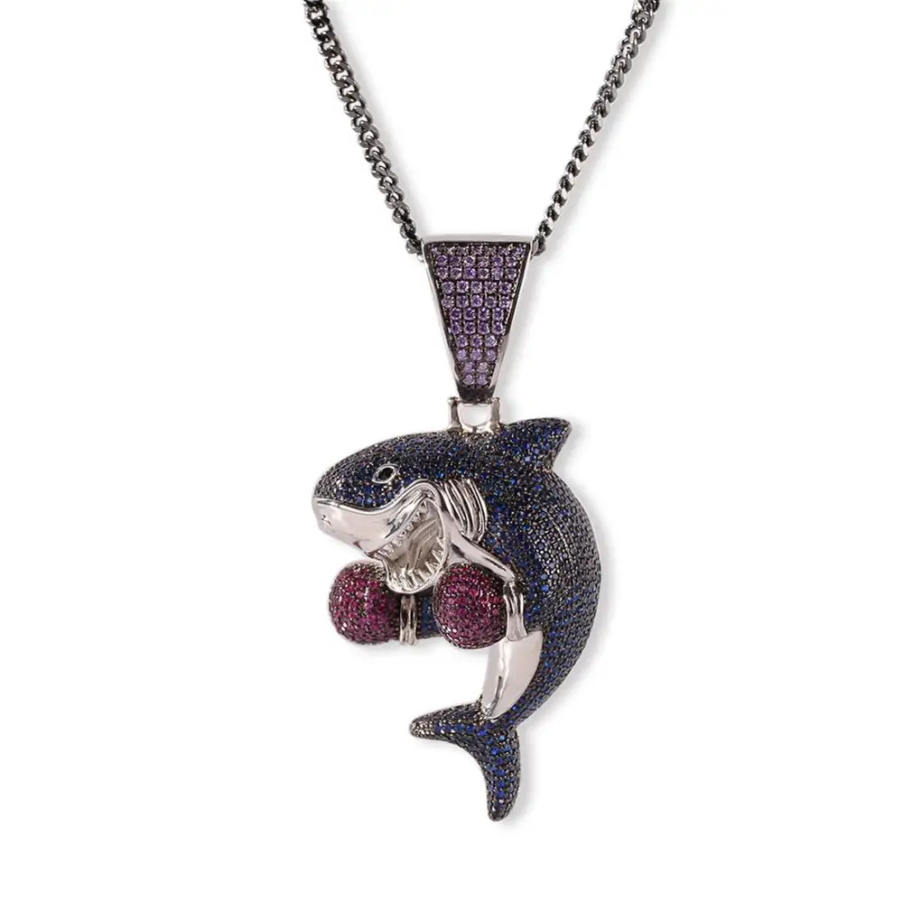 

Zciti Colored Boxing Shark Pendant Necklace Fashion Iced Purple Blue Color Cubic Zirconia Shark Hip Hop Jewelry