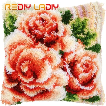 

Latch Hook Cushion Kits DIY Needlework Crocheting Throw Pillow Unfinished Yarn Cross-stitch Embroidery Set Pillowcase PINK ROSES