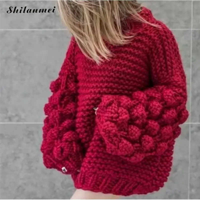 Winter Pullover Sweater Warm Oversized Thick Pullover Loose Knitted Women Casual Sweater Puff Sleeve Pompom Knitwear Sweaters