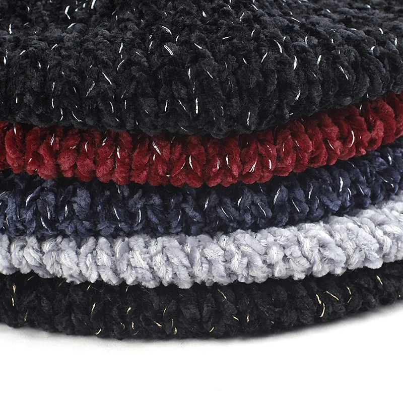 Women Fashion Elegant Sweet French Style Women Ladies Chenille Material Beret Female Winter Cap Silver Gold Knitted Warm Hat