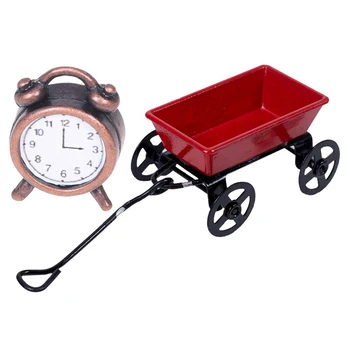 

2 Pcs 1/12 Dollhouse Miniature Toys: 1 Pcs Metal Alarm Clock & 1 Pcs Fairy Garden Car Red + Black
