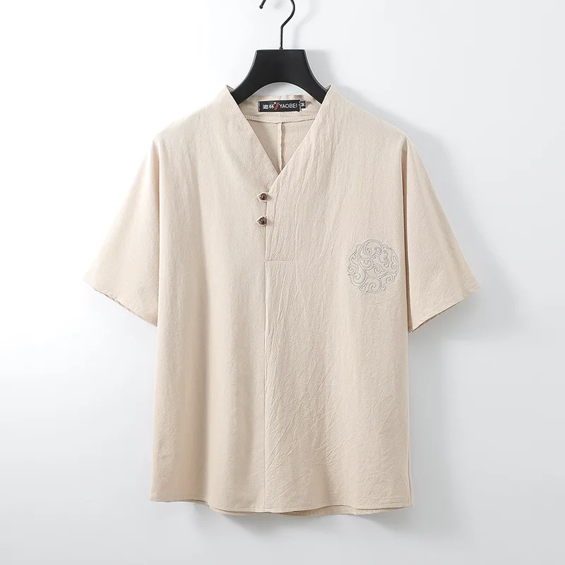 Linen Shirts Short-Sleeve Oversize Large Men Casual Cotton Summer 8XL 9xl 7XL Plus V-Neck