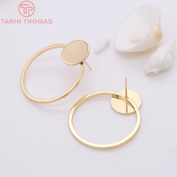 

(1924)4PCS 30x35MM 24k Gold Color Brass Round Stud Earrings DIY High Quality Jewelry Findings Accessories