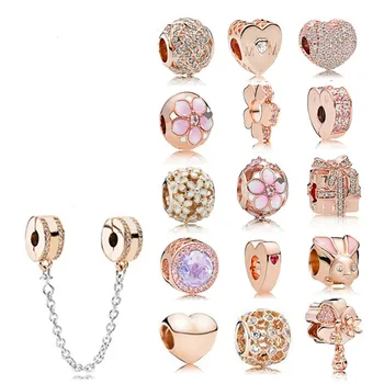 

2019 100% 925 silver sterling 1:1 authentic pink charm gold daisies heart-shaped rabbit frizzy clip-chain security