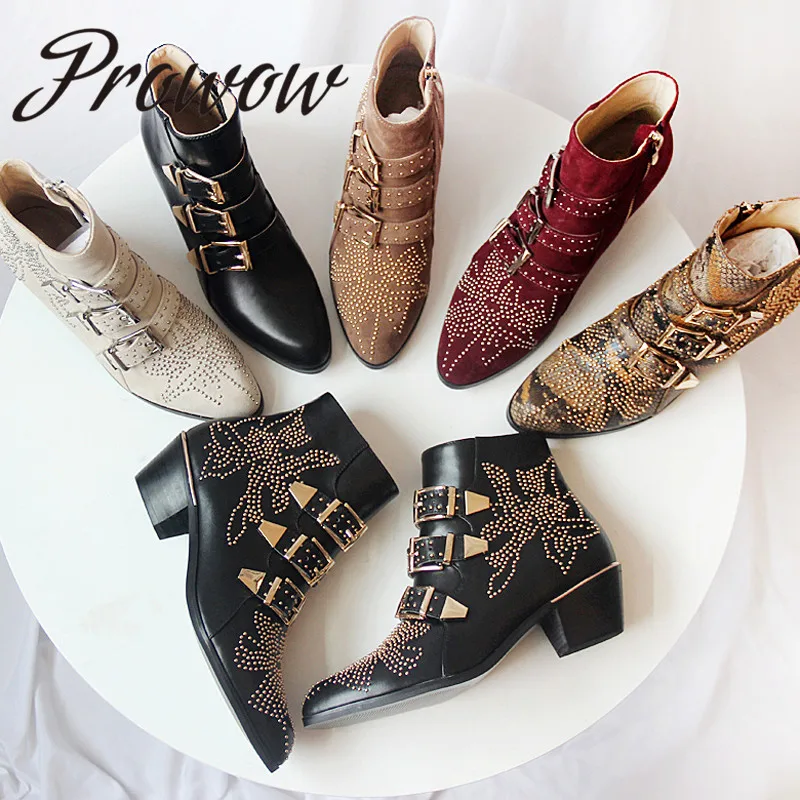 

Prowow New Genuine Leather Metal Studded Ankle Boots Round Toe Buckle Strap Thick Heel Low Heel Autumn Winter Punk Boots Shoes