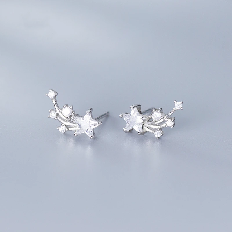 

100% Real Solid 925 Sterling Silver Stud Earrings Shining Stars Artificial Zircon Star Earrings Fashion Jewelry For Women Gift