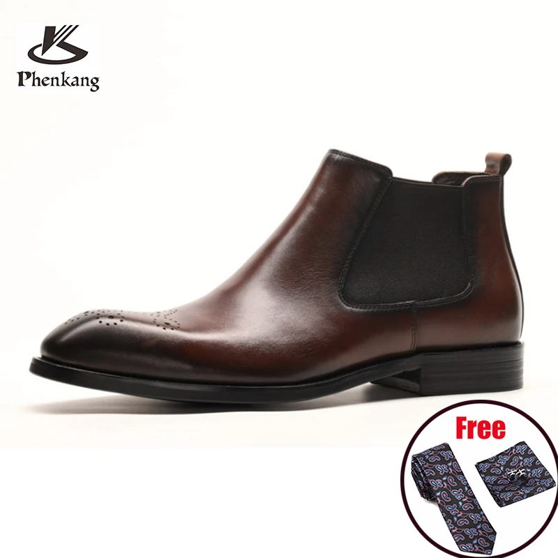 Phenkang Mens Winter Boots Formal Ankle Genuine Leather Chelsea Boots