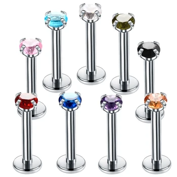 

9Pcs/lot Stainless Steel Labret Lip Ring Zircon Anodized Internally Threaded Prong Gem 16G Tragus Helix Ear Piercing Jewelry