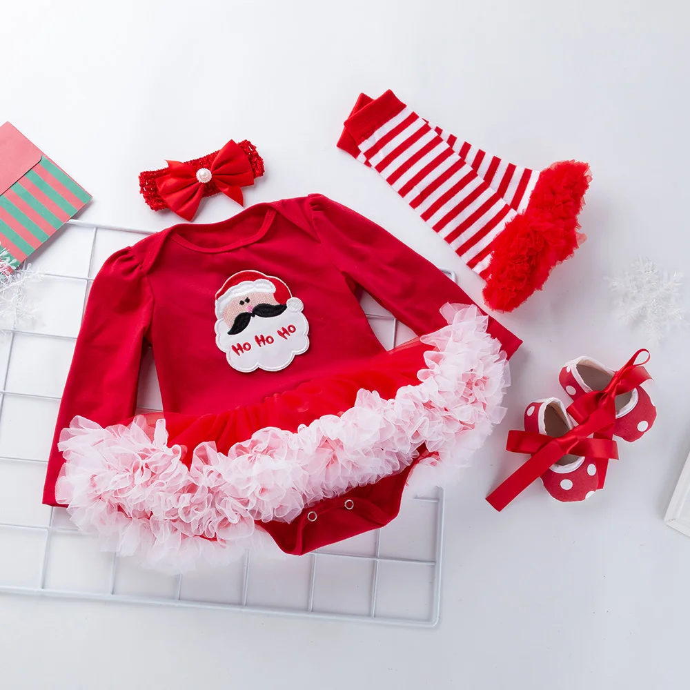 Красная рождественская одежда для малышей; комбинезон с длинными рукавами для новорожденных; платье; Одежда для маленьких девочек; комплект из 4 предметов; коллекция года; Новогодняя одежда для младенцев