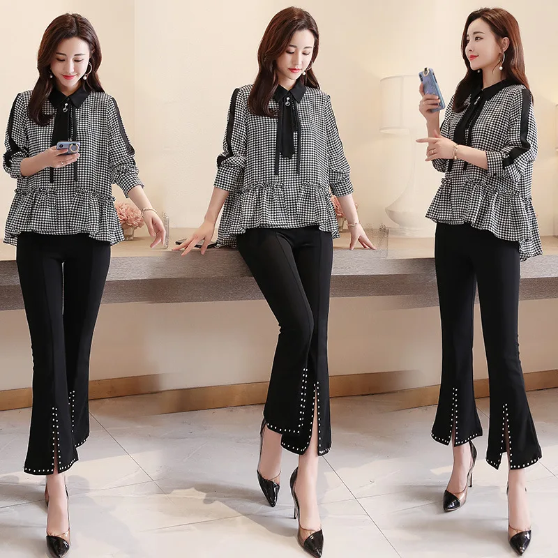 

Fashion WOMEN'S Suit 2019 Autumn Clothing New Style Versatile Plaid Flounced Tops Fashionable Western Style Bell-bottom Pants Tw