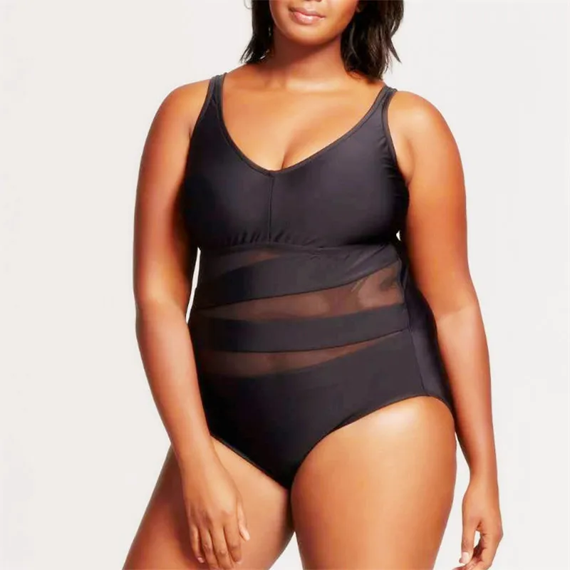 

4XL Large Size Swimsuit One Piece Bathing Suit for Women Solid Black Mesh Swimming Suits 2020 Beach Big Breast Swim Suit 2XL 3XL