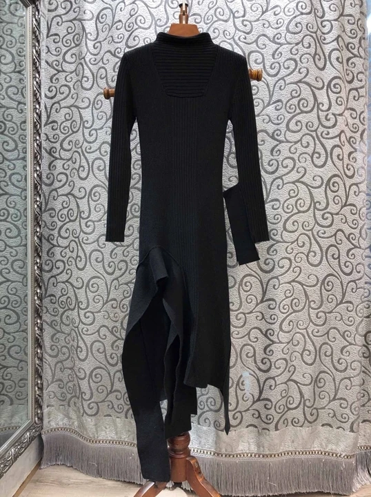 autumn Early new women's small high collar solid color decoration irregular lotus leaf swing long sleeve knitted dress 1011
