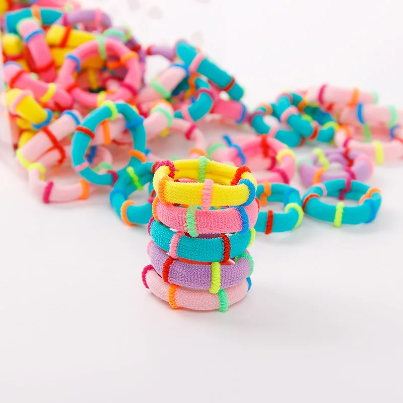 

Box 100pcs Children Neon Mix Color Towel Ring Rubber Band Girl's Hair Ties Kids Black Gum Ponytail Holder Do Not Hurt Hair