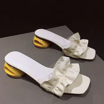 

2020 Summer Fashion Woman Slippers Ladies Open Toe Square Toe Sandals Ladies Med Heels Hoof Heel Slippers Women Beach Rome Slide