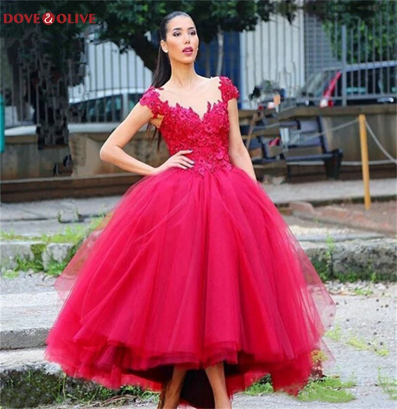 Red Lace Prom Dresses Floral 2020 Cap Sleeve Tulle Ball Gown Ankle Length Formal Evening Party Gowns Customize Plus Size | Свадьбы и