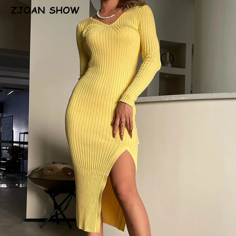 Recycled Vintage Rib Side Slit Midi Dress