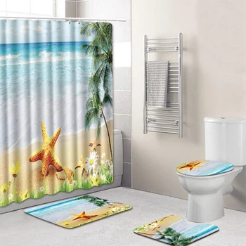 

4Pc Ocean Series Bathroom Rug Shower Curtain Skidproof Toilet Non-Slip Rug Set 6x Hooks 4075#