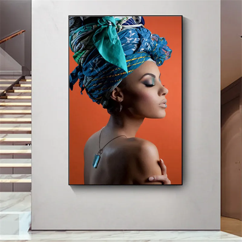 

African Nude Woman Headband Portrait Nordic Canvas Painting Posters and Prints Scandinavian Wall Art Picture for Living Room