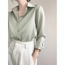 

Matcha Butter Green Women Satin Shirt Office Lady Oversize Plus Size Long Sleeve Tops Fashion Woman Blouses 2021