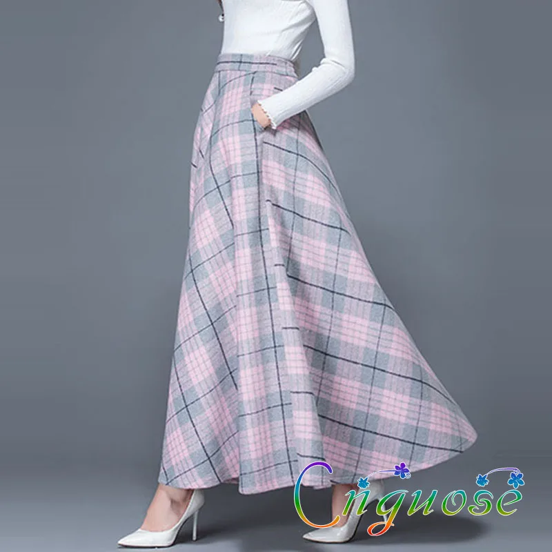 

2019 Autumn and Winter Female Fashion Pink Cashmere Woolen Grid Plaid A-line Women's Maxi Long Skirt / Skirts for Womens