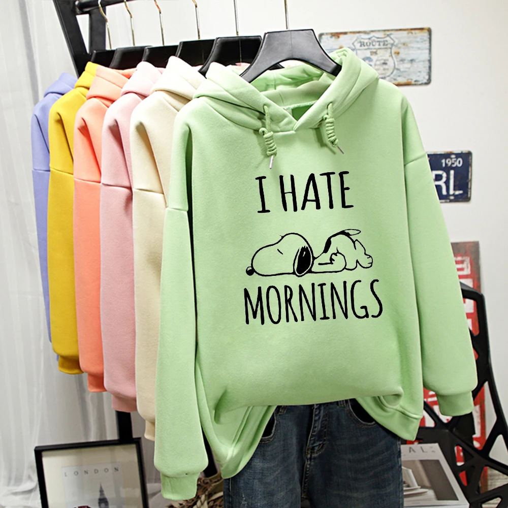 Толстовка с капюшоном с надписью «I Hate Mornings» и надписью «Sleeping Cute Dog»; Kawaii; толстовка в стиле Харадзюку; уличная одежда; теплая Женская толстовка в Корейском стиле