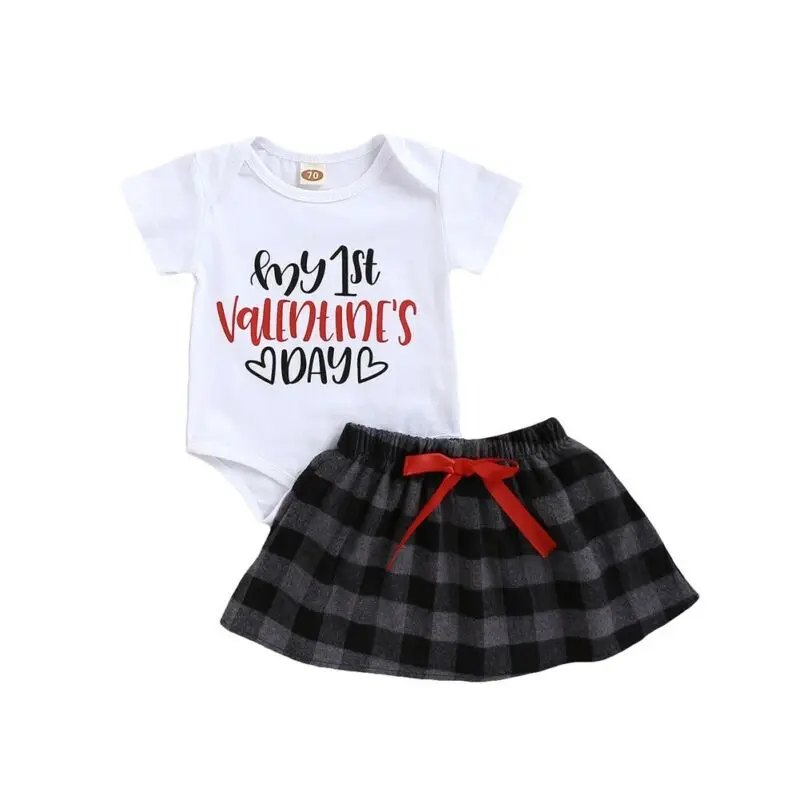 

Newborn Baby Clothes Sets 2Pcs Fashion Girls MY 1st Valentine's Day Letters Bodysuit+Plaid Skirt Princess Cotton Outfit 0-18M
