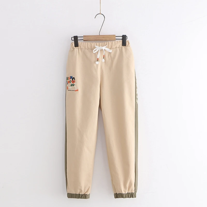 Khaki Японские Женские милые брюки весна и осень мультфильм письмо вышивка шаровары подростковые девушки Студенческие широкие прямые брюки корейский - Цвет: Khaki