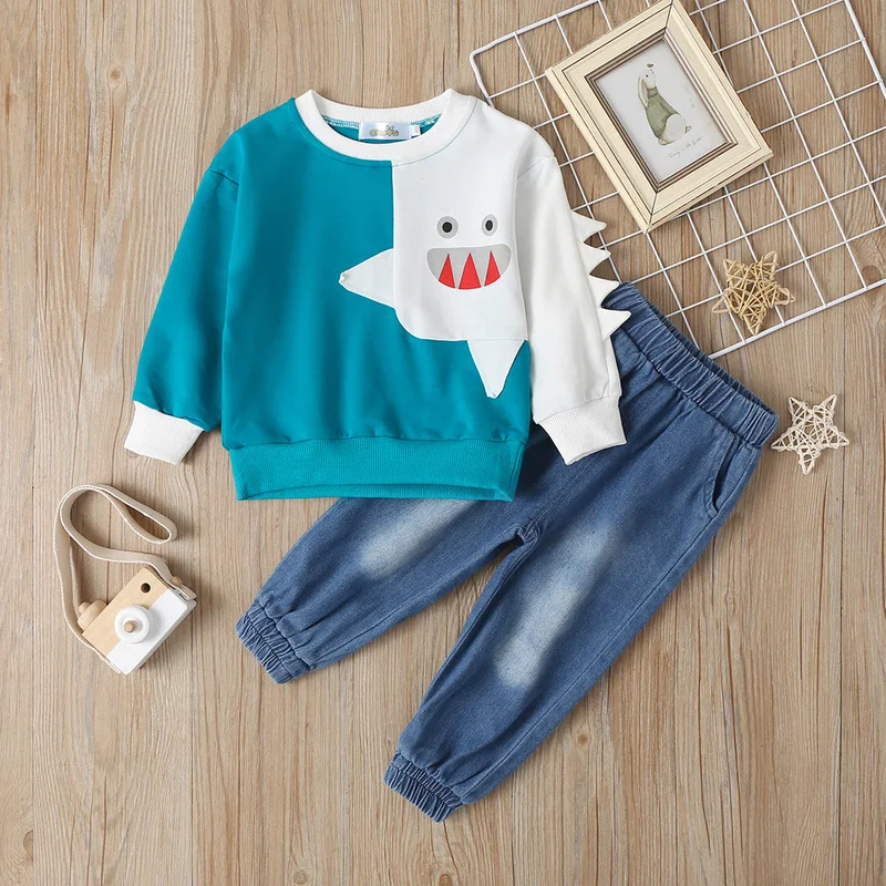 

2PCS Boys Clothes Child Kids Winter Boys Cartoon Shark Long Sleeve Tops Denim Pants Outfits Set Fashion Cool Handsome